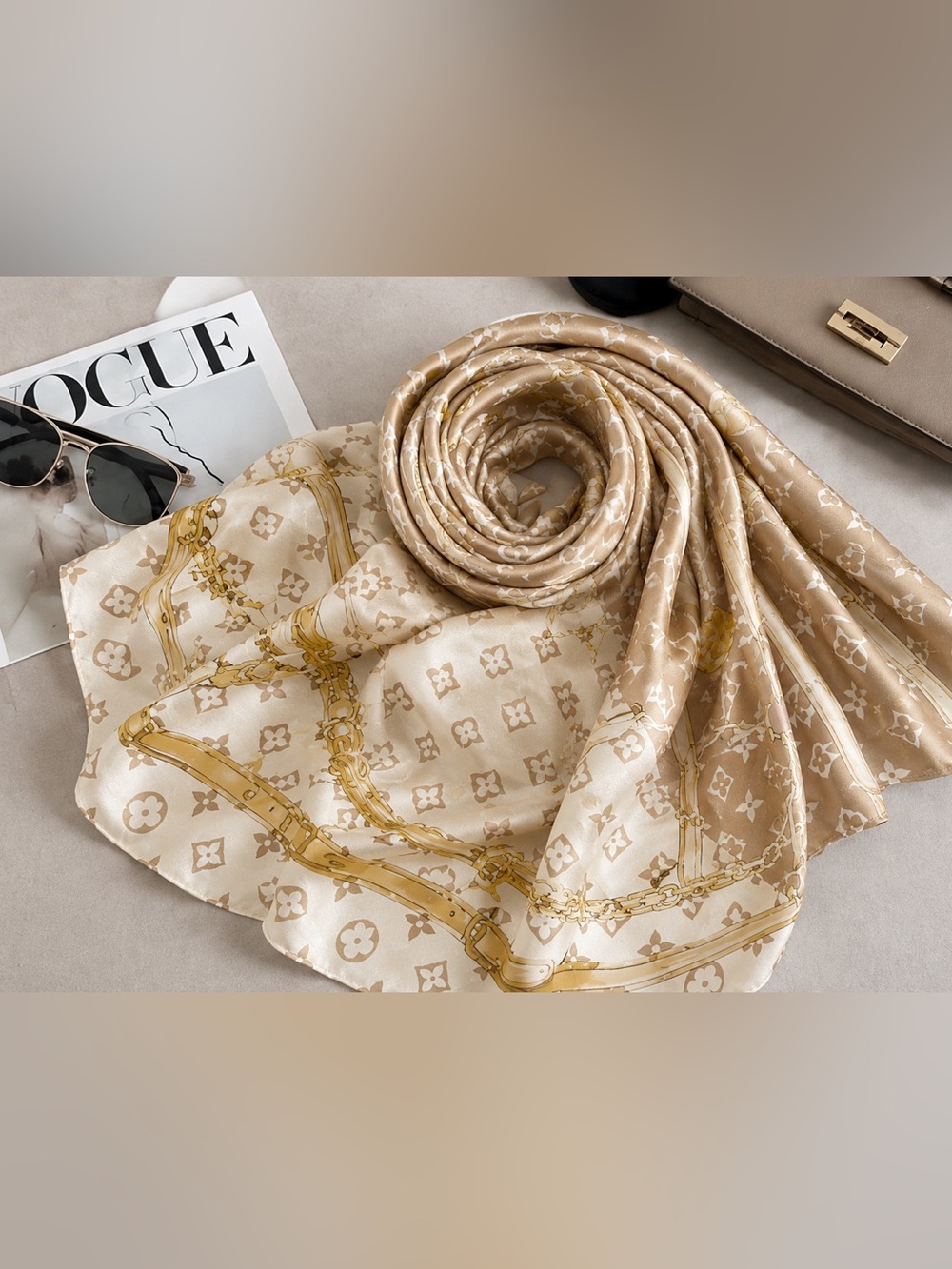 Khaki Chain Print Silk Inspired Scarf